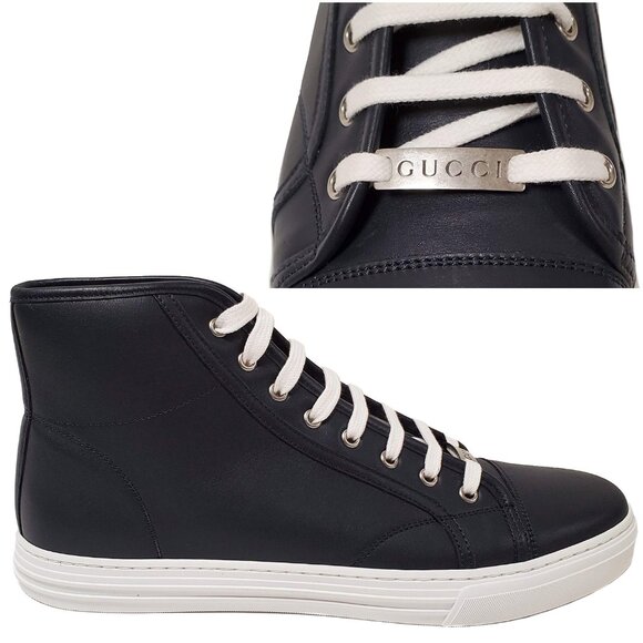 GUCCI MENS SNEAKERS HI TOP BLUE MICRO SOFT LEATHER w LOGO 7.5G US 8 - Picture 1 of 10